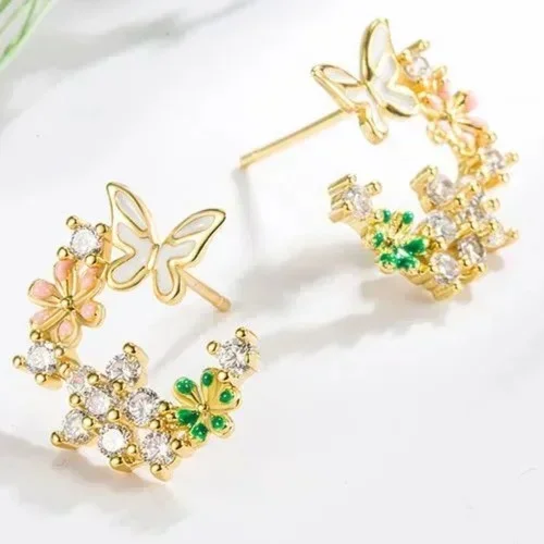 Half Wreath Butterfly Flower Stud Earrings - (S925) Gold Plated