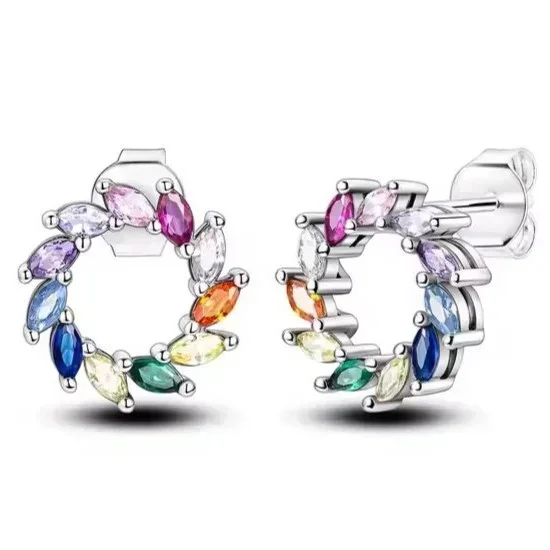 Wreath w/ Colorful Crystal Stud Earrings - (S925) Silver Plated