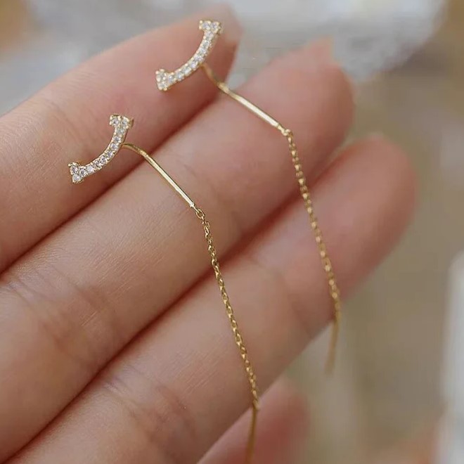 Curved Line Paved Crystal Hang Threaders - Gold Tone