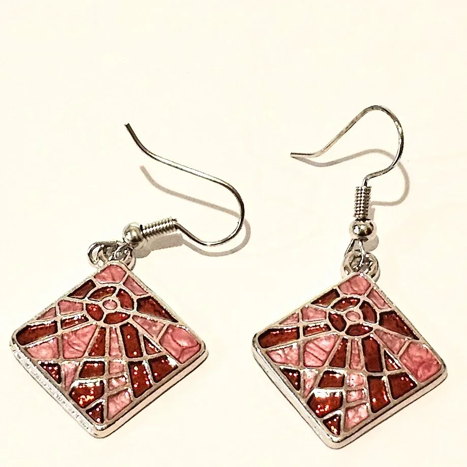 Gaudi-Inspired Red Diamond Drop Earrings - Silver Tone