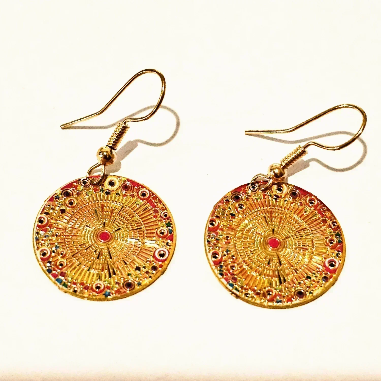 Spanish Stlye disc Drop Hook Earrings - Gold Tone