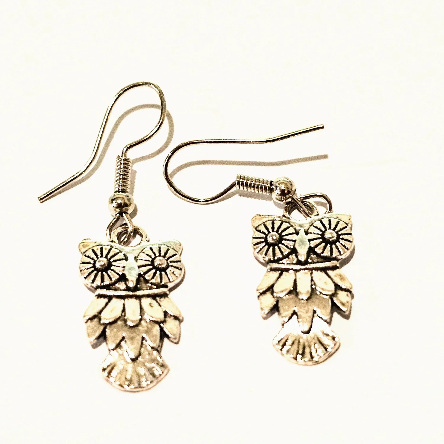 Owl Drop Hook Earrings - Silver Tone