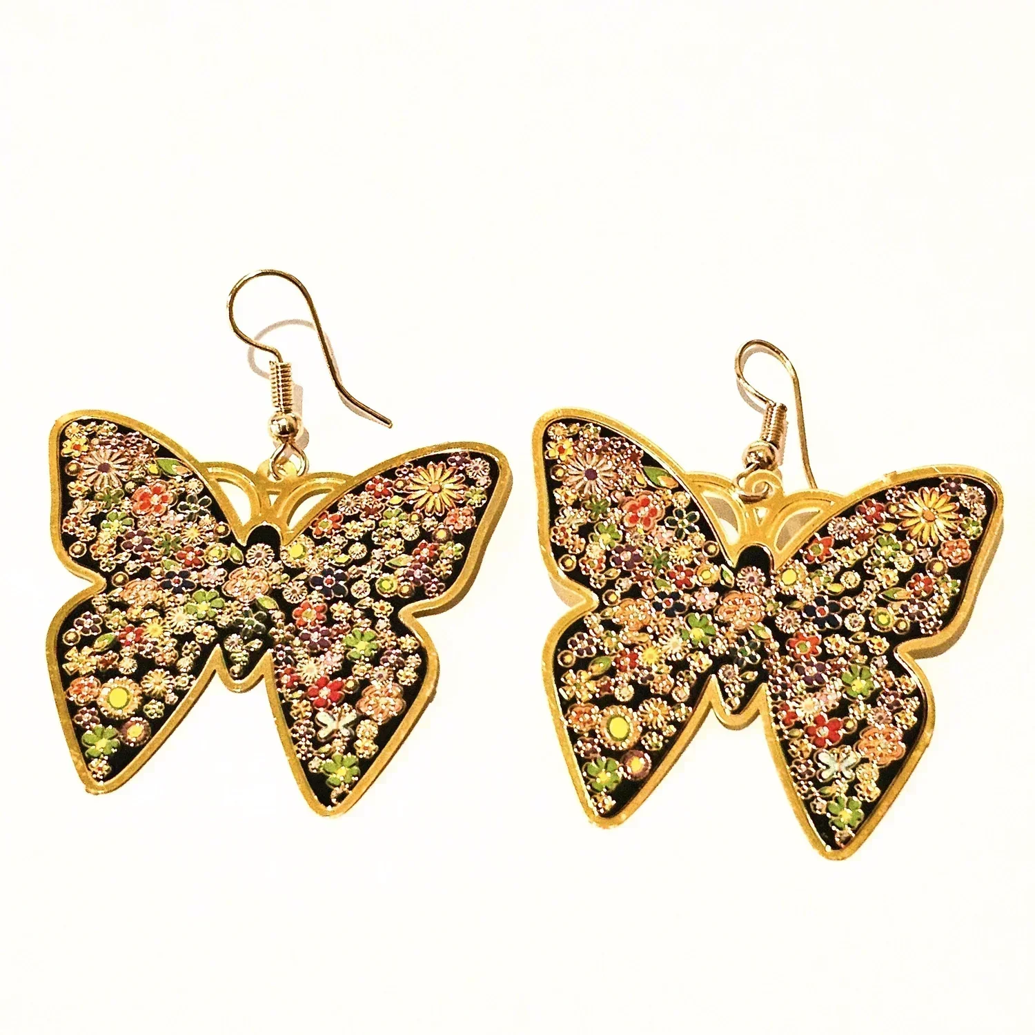 Spanish Style Butterfly Drop Hook Earrings - Gold Tone