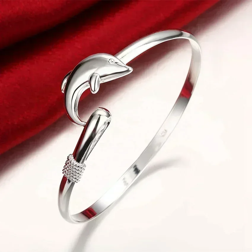 Sterling Silver Dolphin Bangle - (S925) Silver