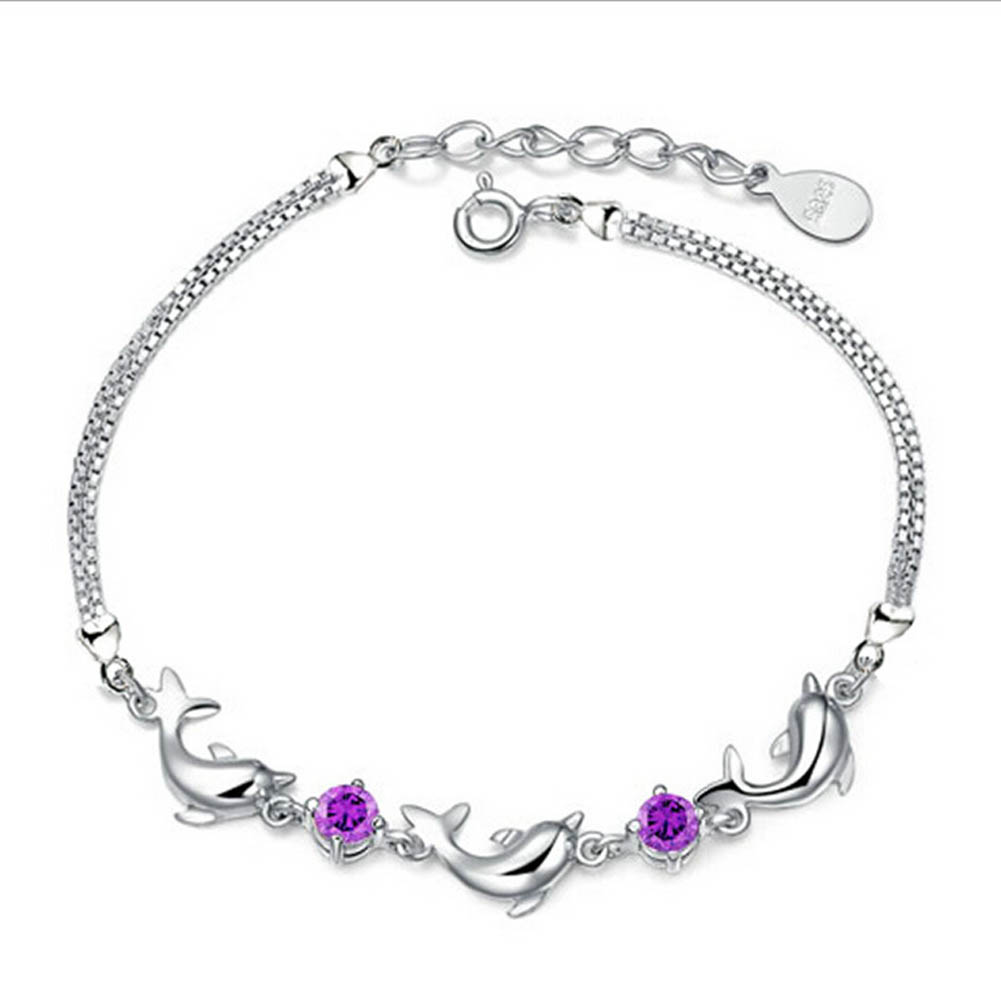 Sterling Silver Purple Crystal Dolphin Chain Bracelet - (S925)