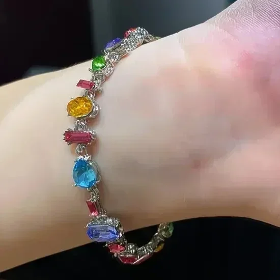 Multi Color Shape Rhinestone Bracelet - Silver Tone