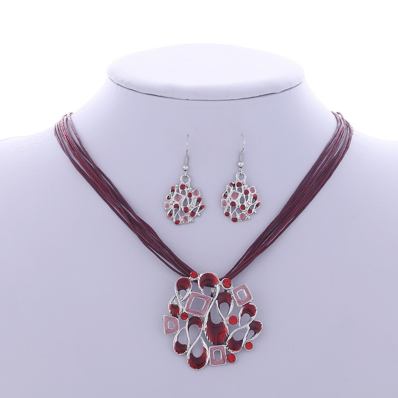 Red Hollow Tear Drop Square Enamel Jewelry Set (3 Pieces) - Silver Tone - M1