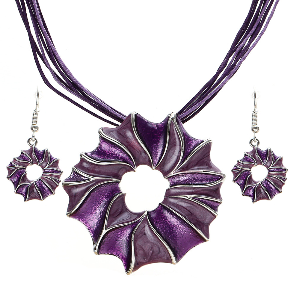 Blue Swirl Flower Enamel Jewelry Set (3 Pieces) - Silver Tone - M1