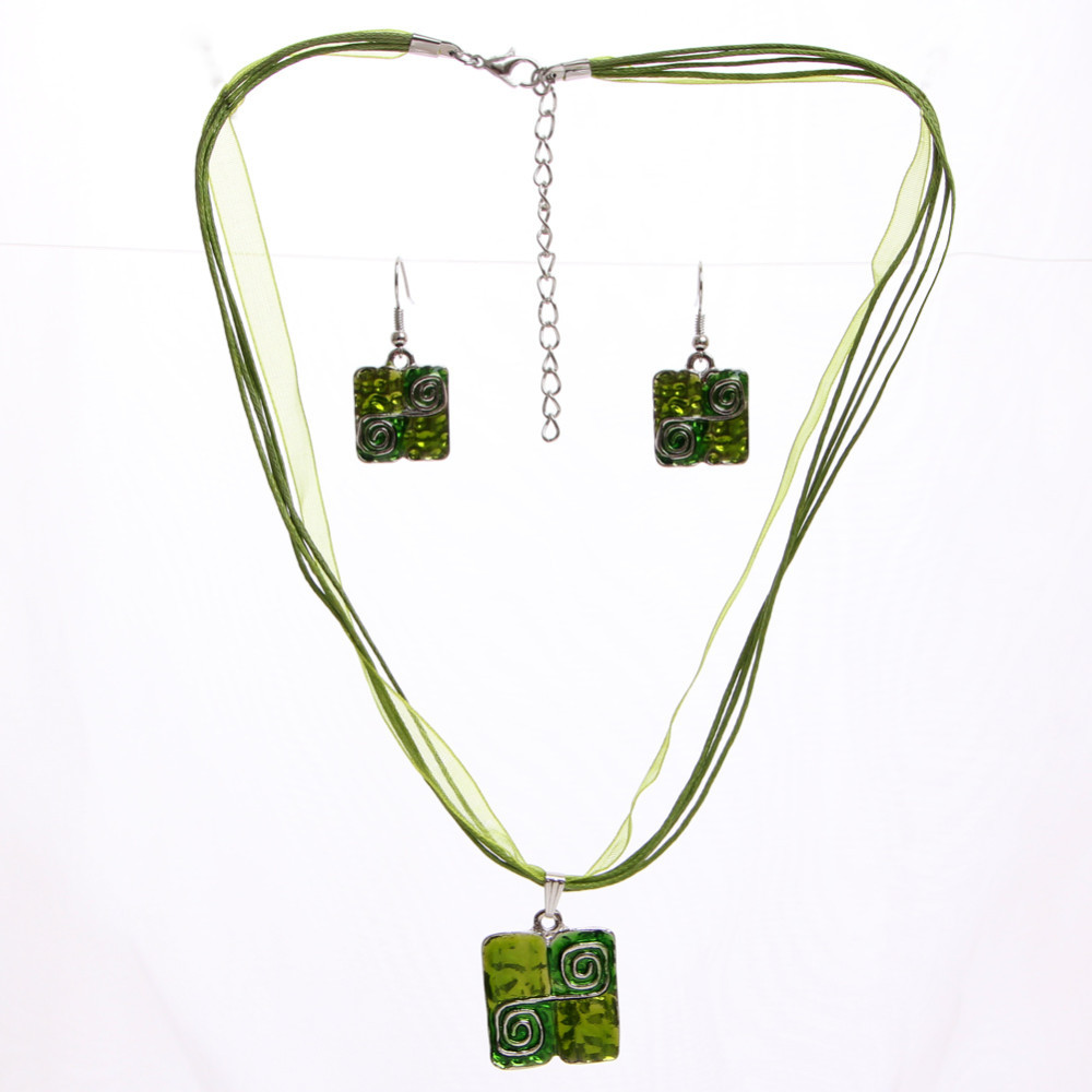 Black Square Enamel Jewelry Set (3 Pieces) - Silver Tone - M1
