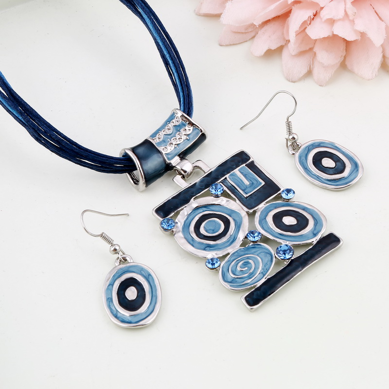 Blue Square Oval Enamel Jewelry Set (3 Pieces) - Silver Tone - M1
