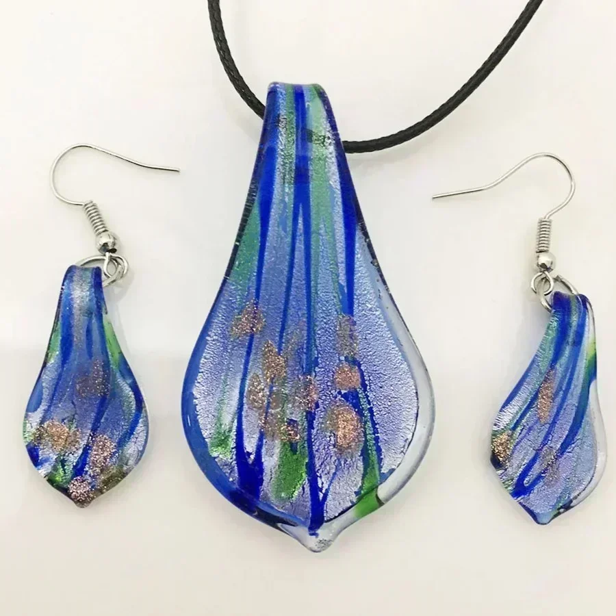 Murano Glass Leaf Jewelry Set (3 Pieces) - Dark Blue - M1