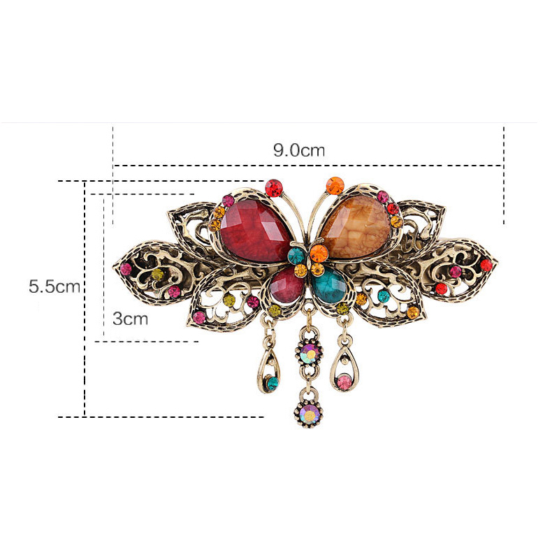 Blue Crystal Butterfly Hair Barrette - Bronze Tone