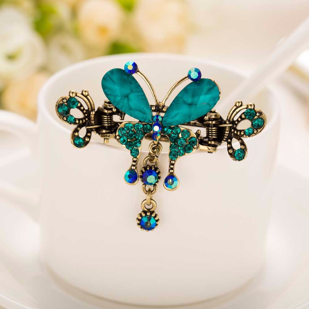 Blue Crystal Butterfly Hair Clip - Silver Tone
