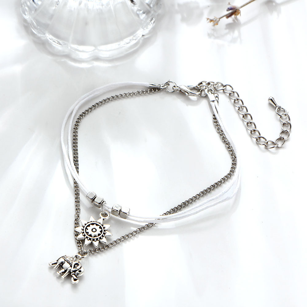 Handmade Sun Elephant Charm Adjustable Layer Anklet - White/Silver Tone