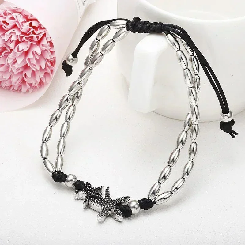 Handmade Round Charm Adjustable Layer Anklet - Black