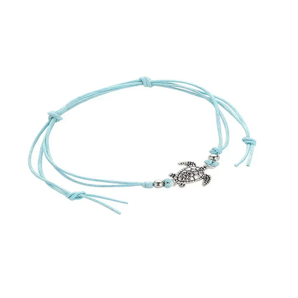 Handmade Turtle Charm Adjustable  Anklet - Blue Tone
