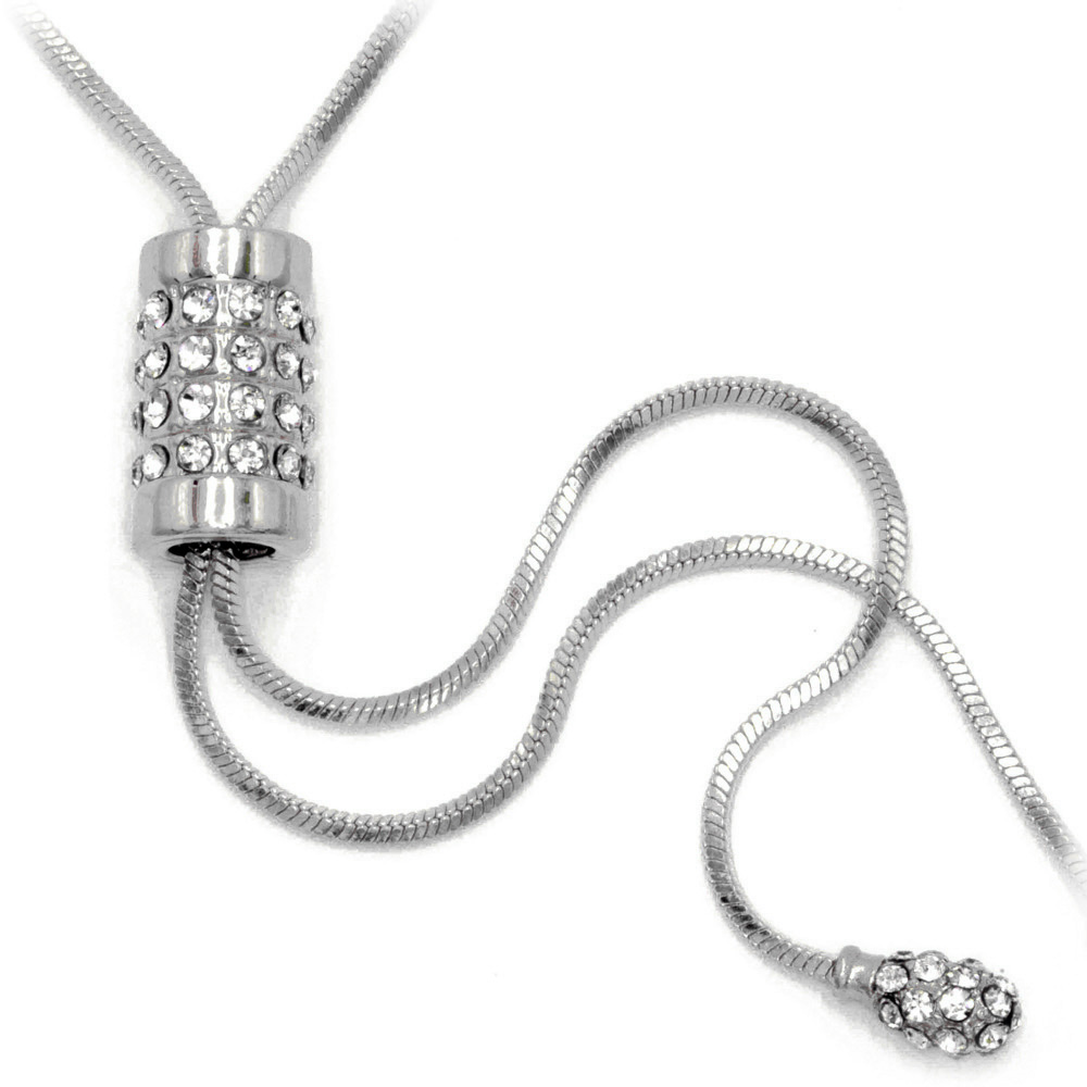 Shining CZ Long Chain Y Lariat Necklace - Silver Tone