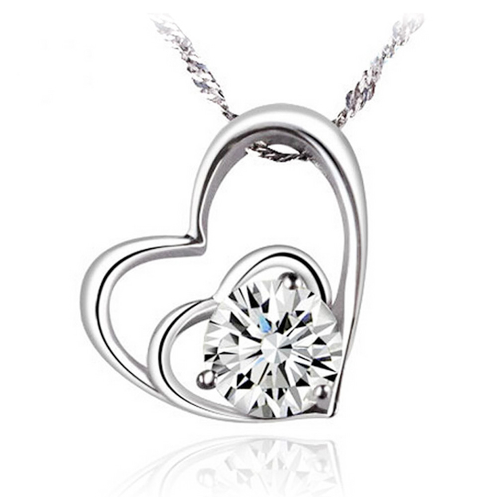 Double Heart CZ Pendant Necklace - Silver Tone
