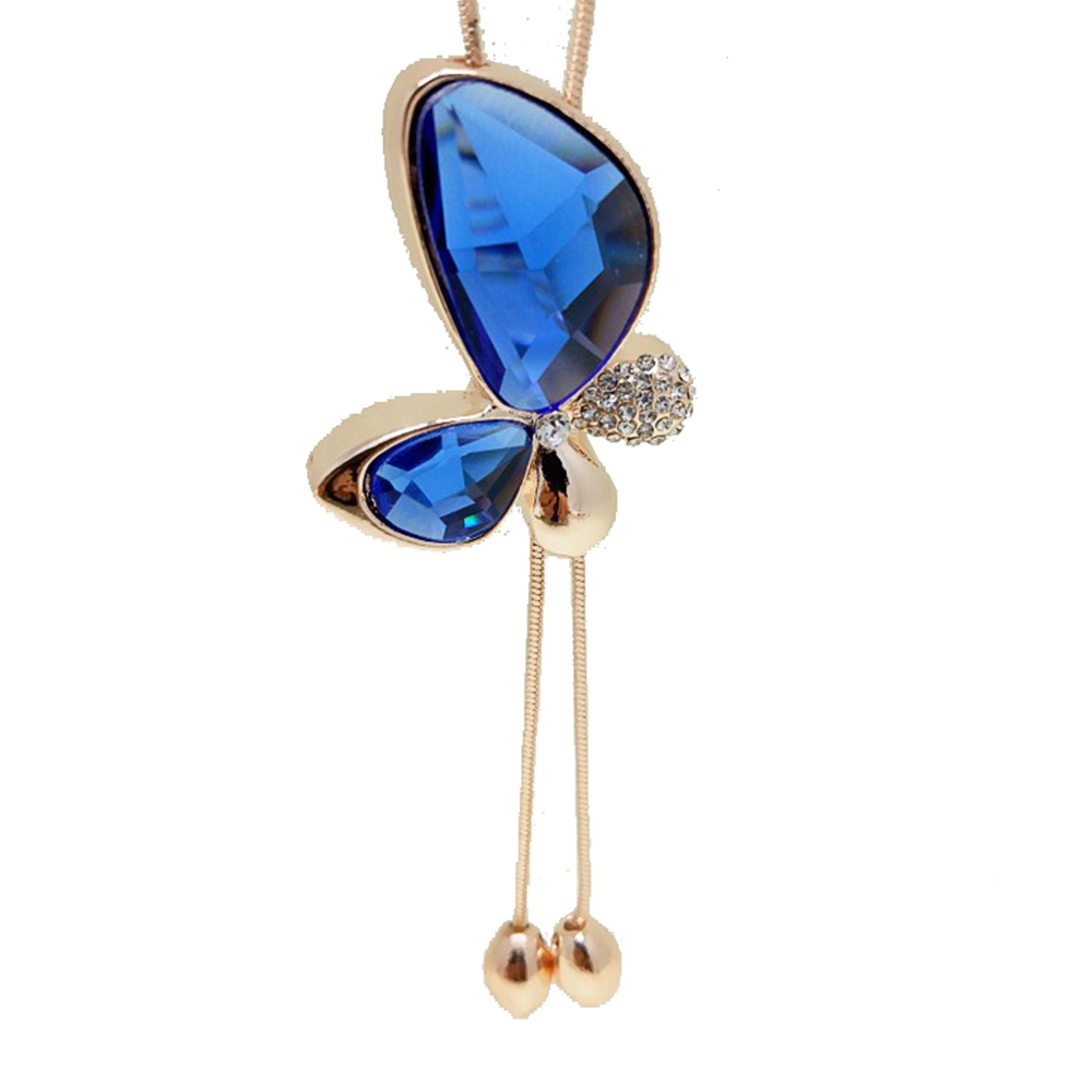 Butterfly Blue Rhinestone Y Lariat Necklace - Gold Tone