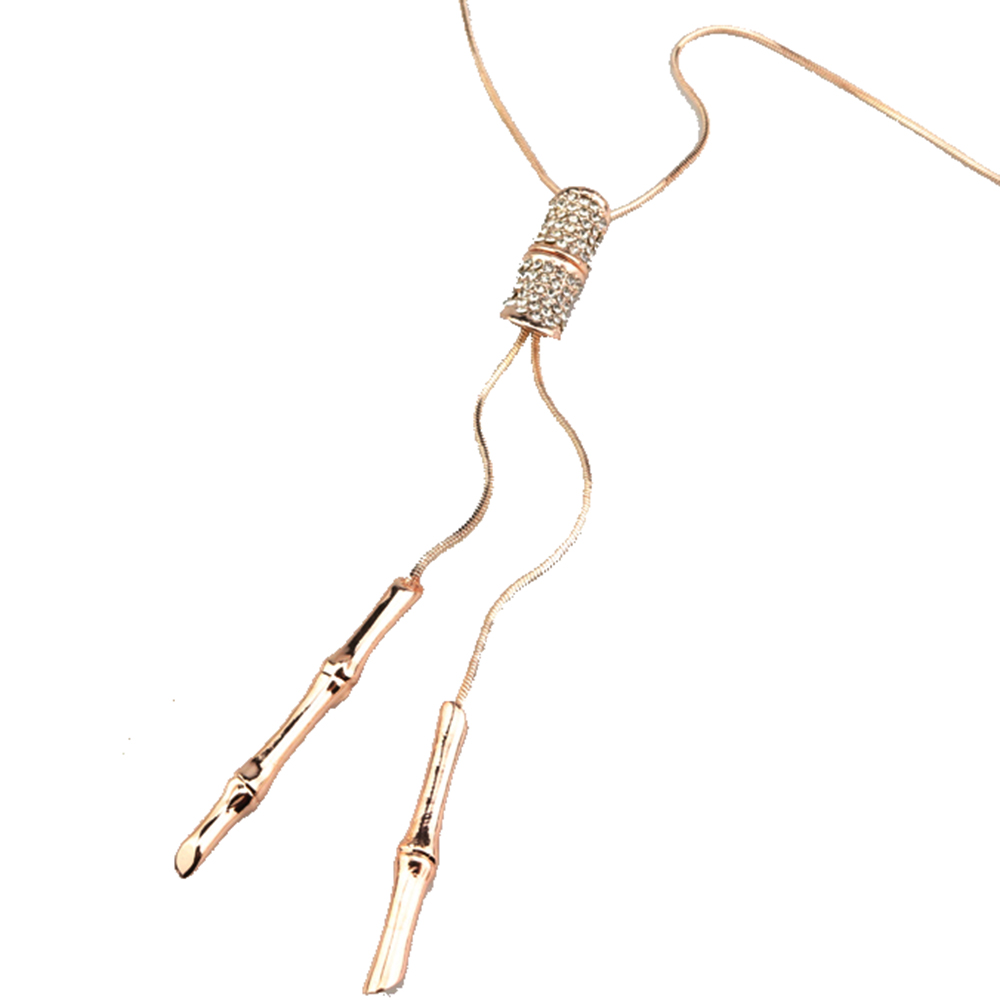 Bamboo with Crystal Y Lariat Necklace - Gold Tone