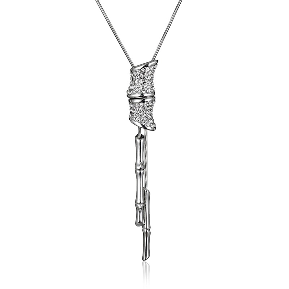 Bamboo with Crystal Y Lariat Necklace - Silver Tone