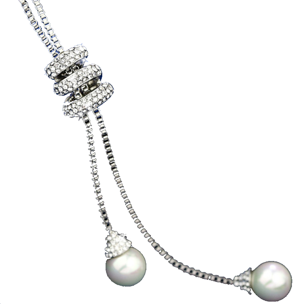 Three Rings with Crystal and Pearl Y Lariat Necklace - Silver Tone