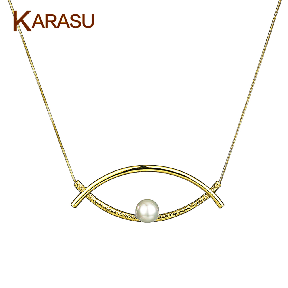 Double Curve Pearl Eye Necklace - Gold Tone