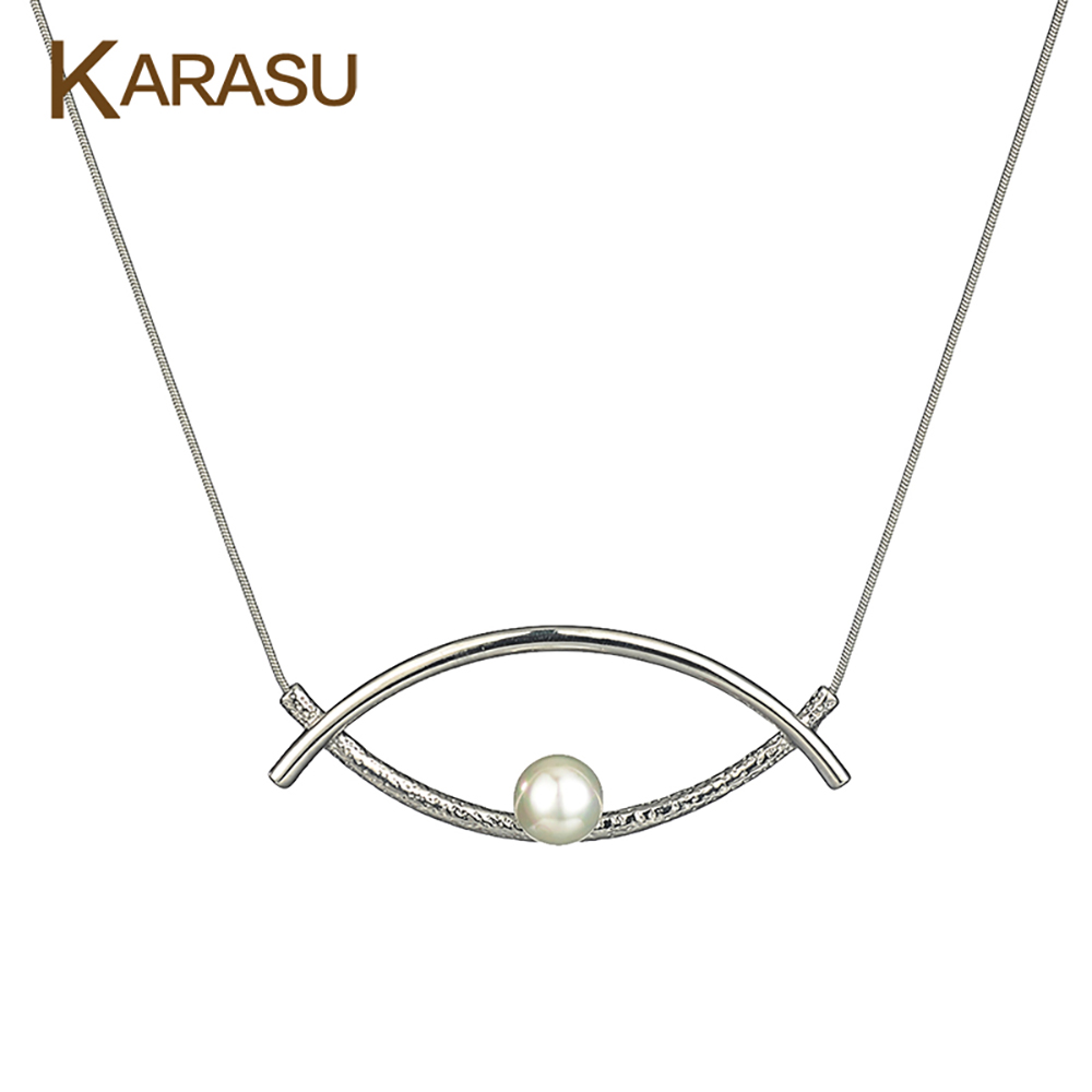 Double Curve Pearl Eye Necklace - White Gold Tone