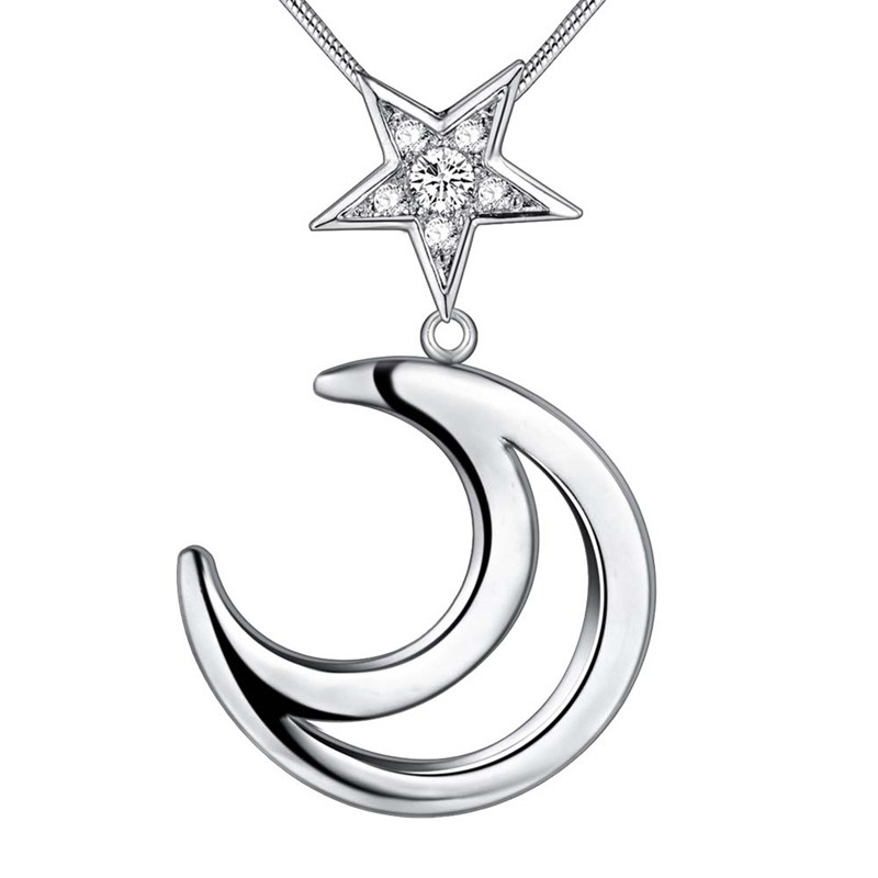 CZ Star Moon Pendant Necklace - (S925) Silver Plated