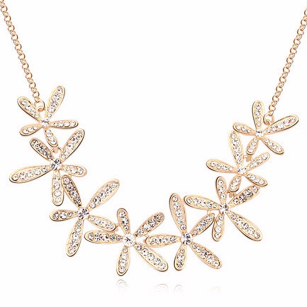 Crystal Flower Chain Necklace - Gold Tone
