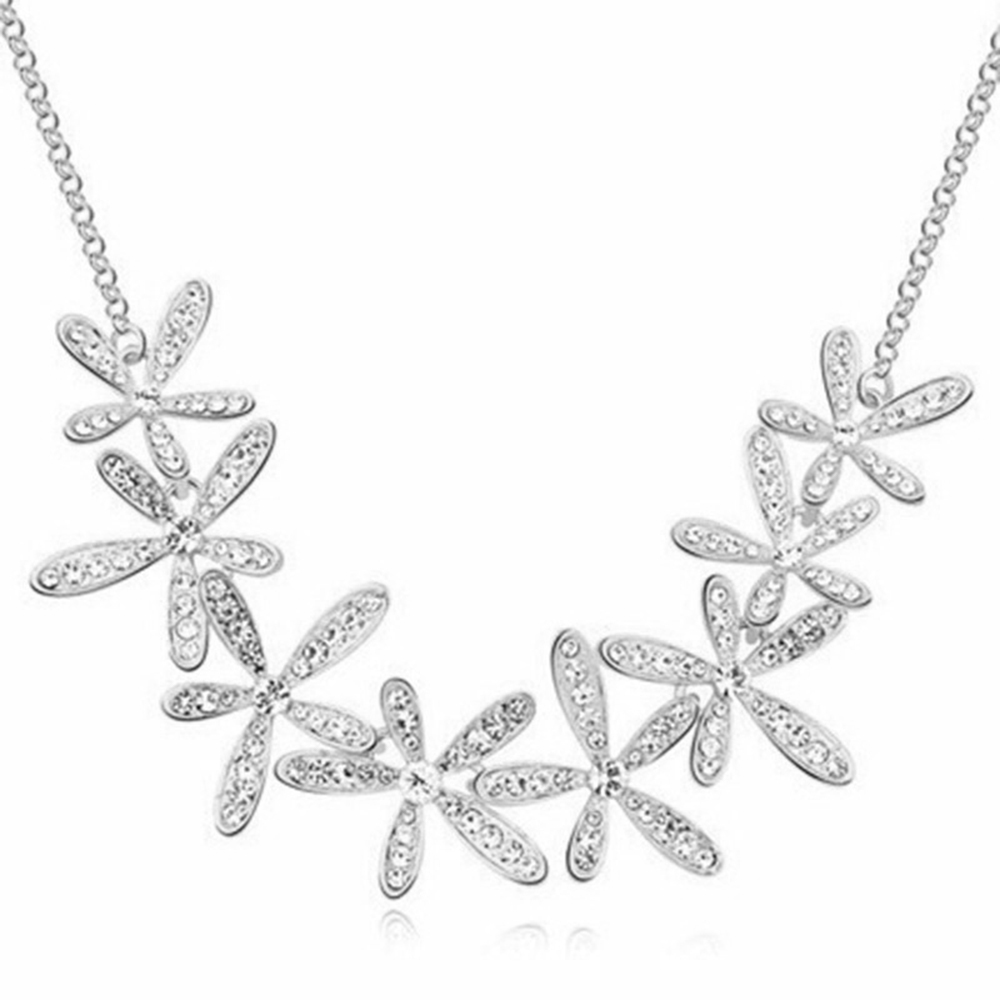 Crystal Flower Chain Necklace - Silver Tone