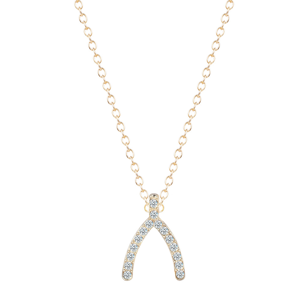 Wishbone Crystal Pendant Necklace - Gold Tone