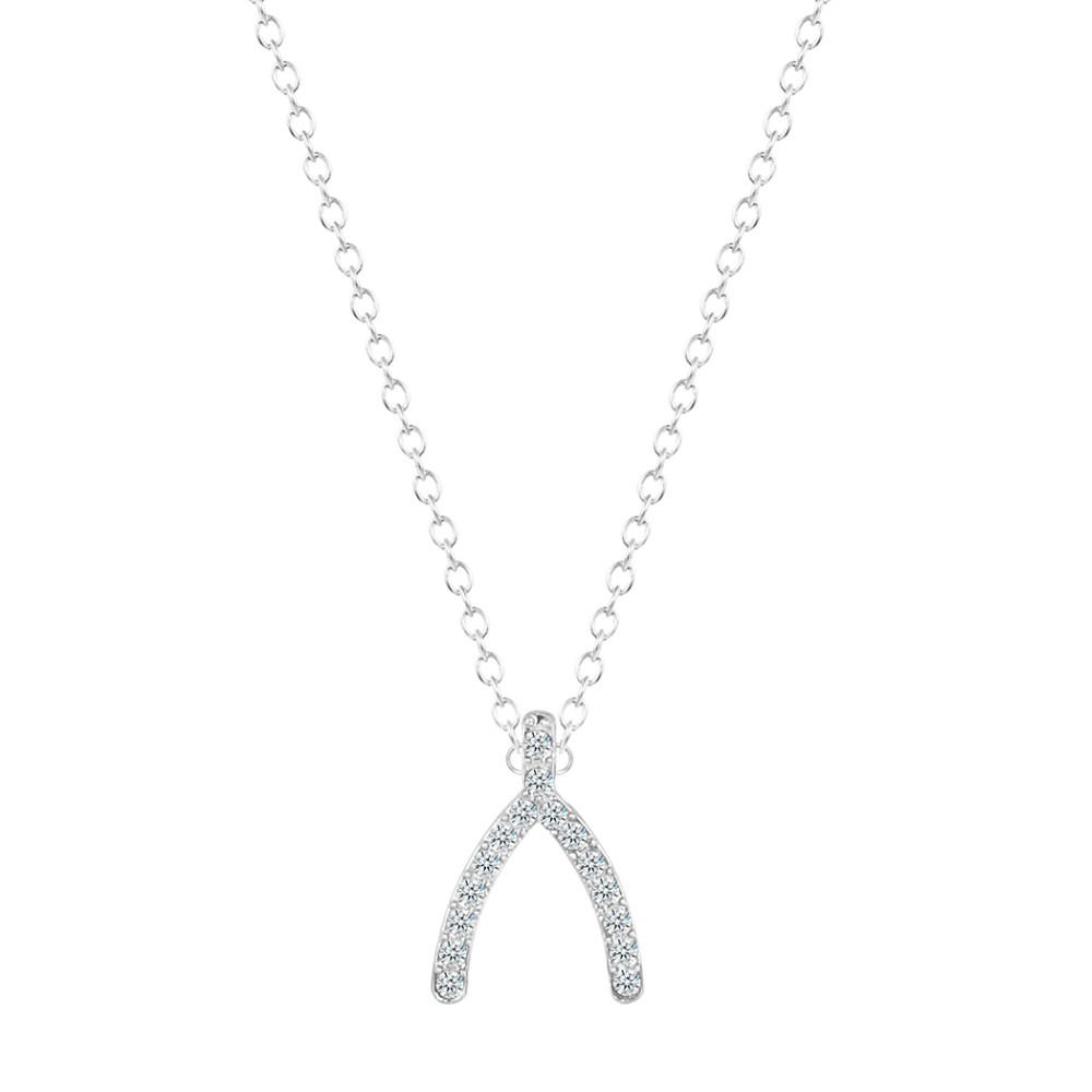Wishbone Crystal Pendant Necklace - Silver Tone