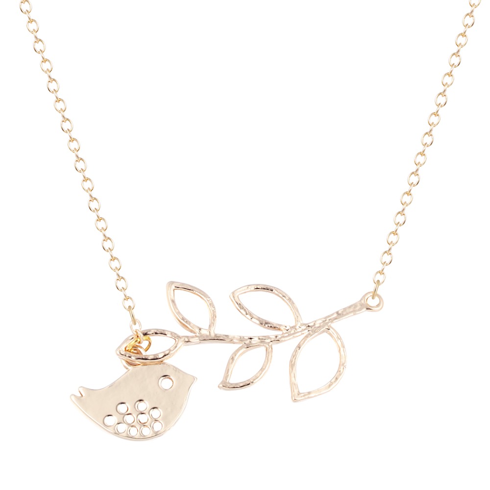 Cute Bird and Branch Pendant Necklace - Gold Tone