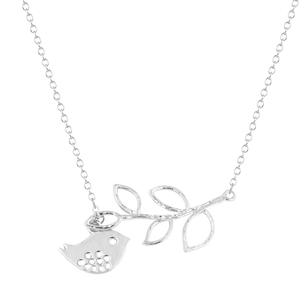 Cute Bird and Branch Pendant Necklace - Silver Tone