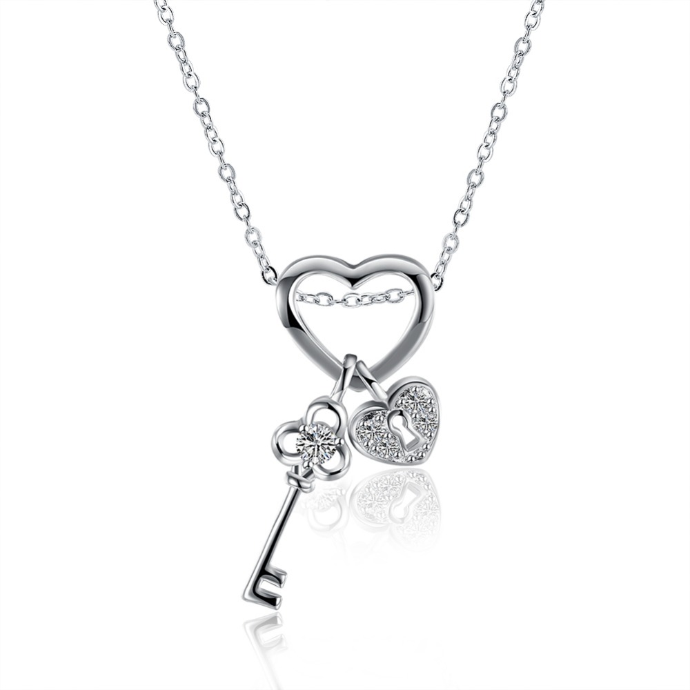 Lock & Key Crystal Pendant Necklace - (S925) Silver Plated