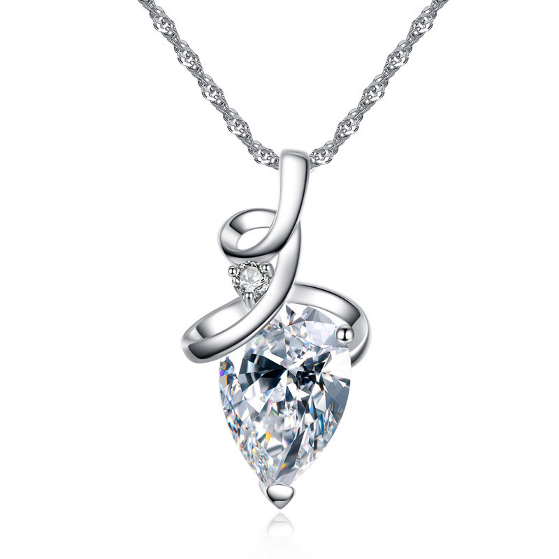 White CZ Water Drop Pendants Necklaces - Silver Tone