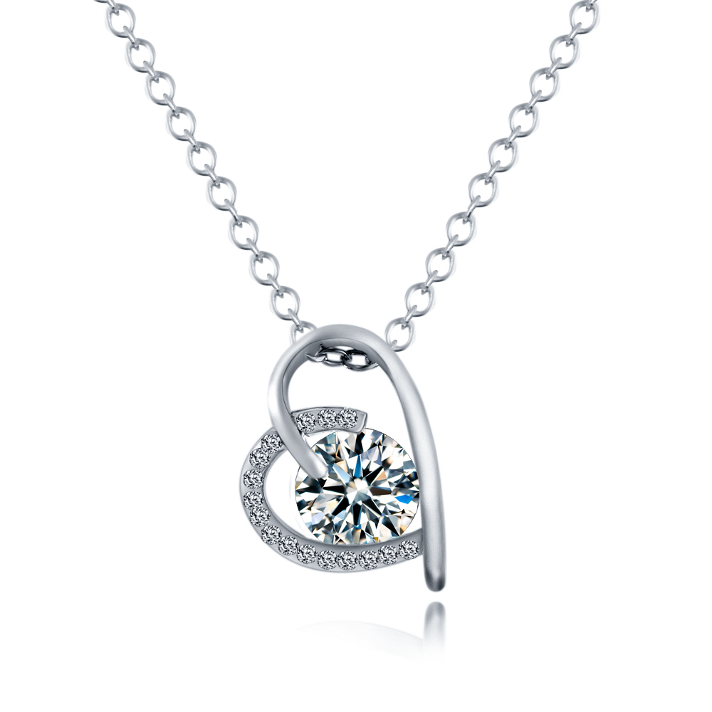 CZ Open Heart Pendant Necklace - Silver Tone