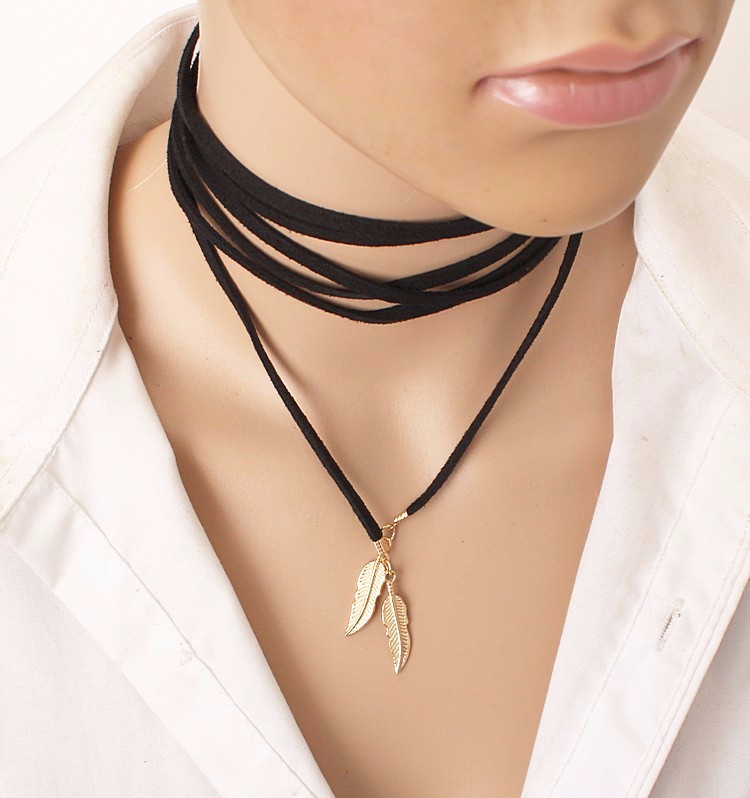 Handmade Gold Feather Black Long Rope Necklace