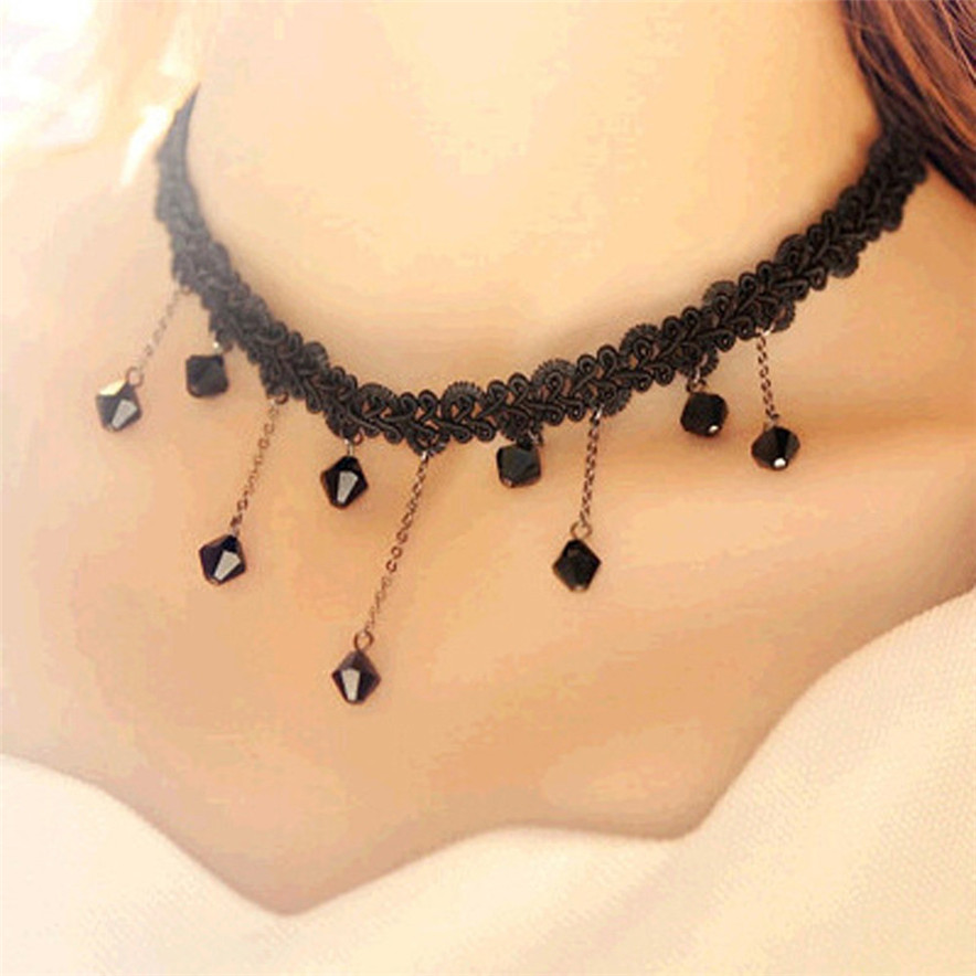 Handmade BlkCrochet Lace w/ Drops Clavicle Necklace