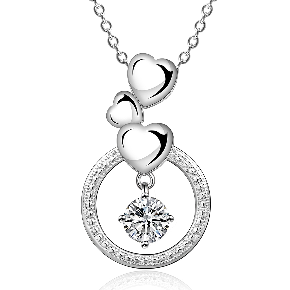 Three Hearts with Crystal Pendant Necklace - (S925) Silver Plated