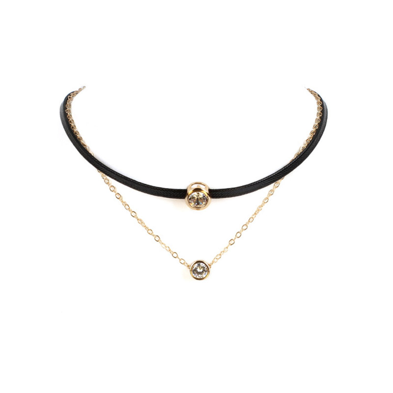 Handmade CZ Double Layer Pendant Necklace - Black Leather / Gold Tone