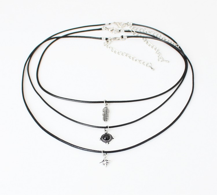 Handmade charm Three Layers Necklace - Black Leather