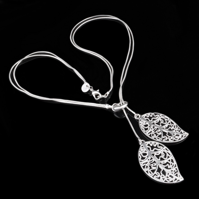 Lariat Big Leaf Drop Chain Necklace - (S925) Silver Plated
