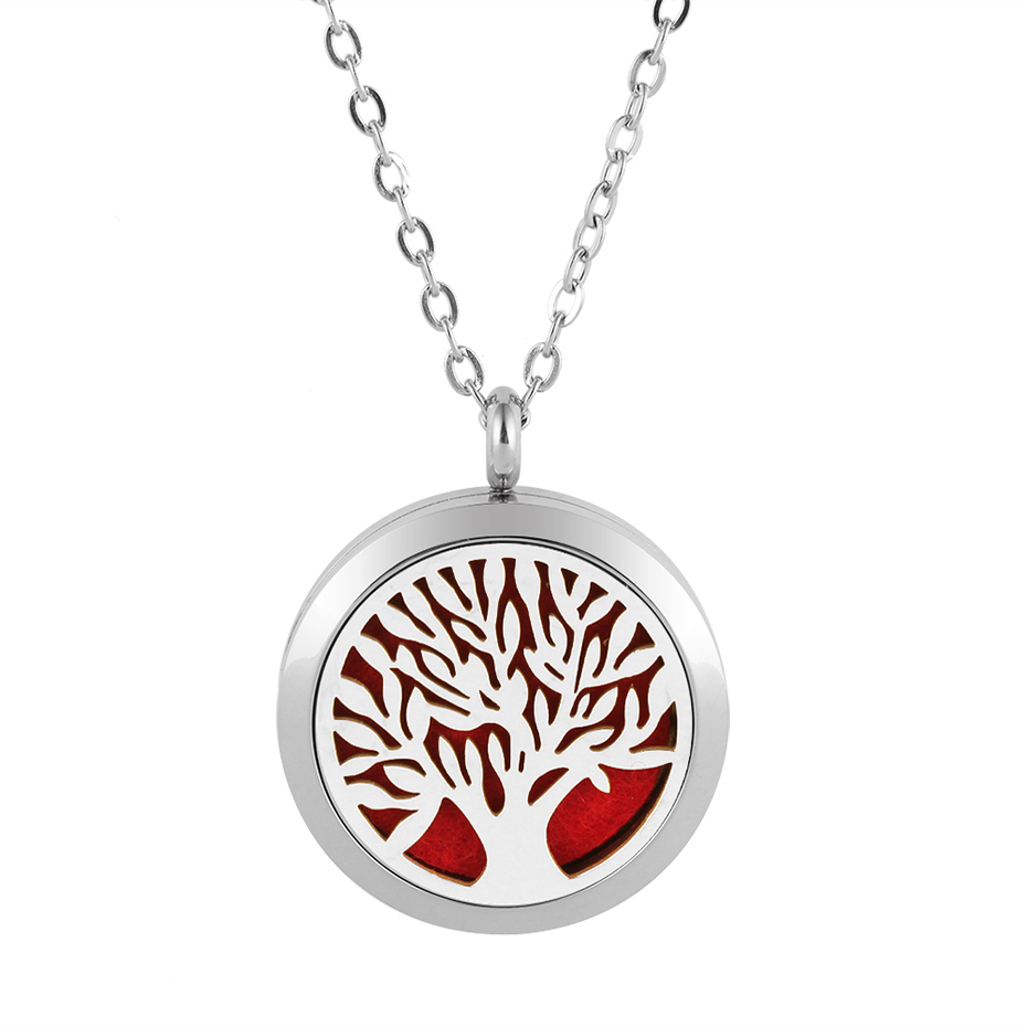 30mm Locket Stainless Steel Family Tree Essential Oil Diffuser Pendant Necklace - Silver Tone