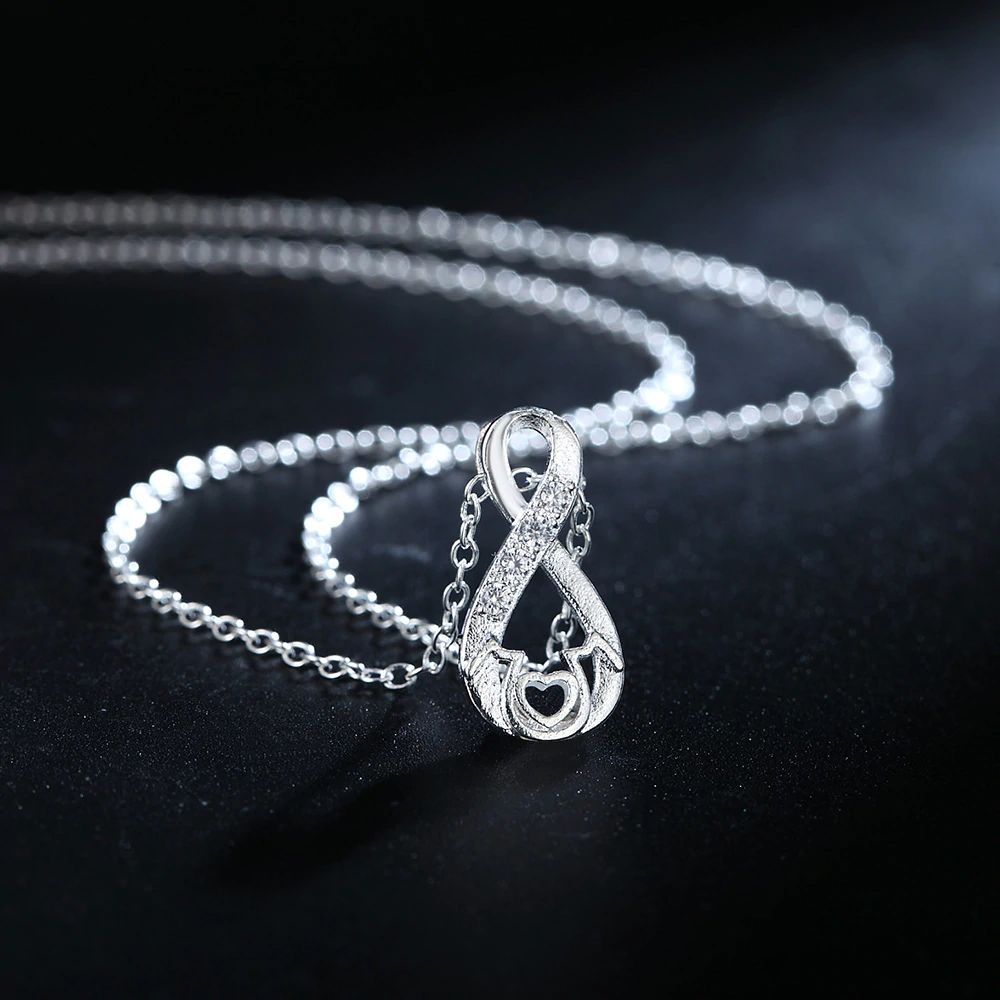 Love You Mom w/ Crystal Pendant necklace - (S925) Silver Plated