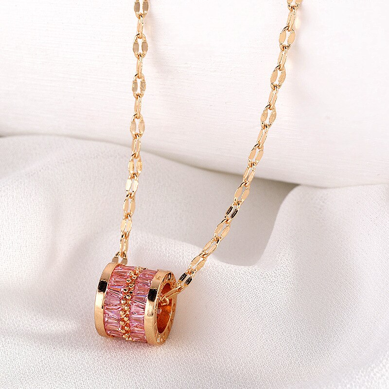 Stainless Steel Pink Crystal Unstoppable Love Wheel Pendant Clavicle Necklace