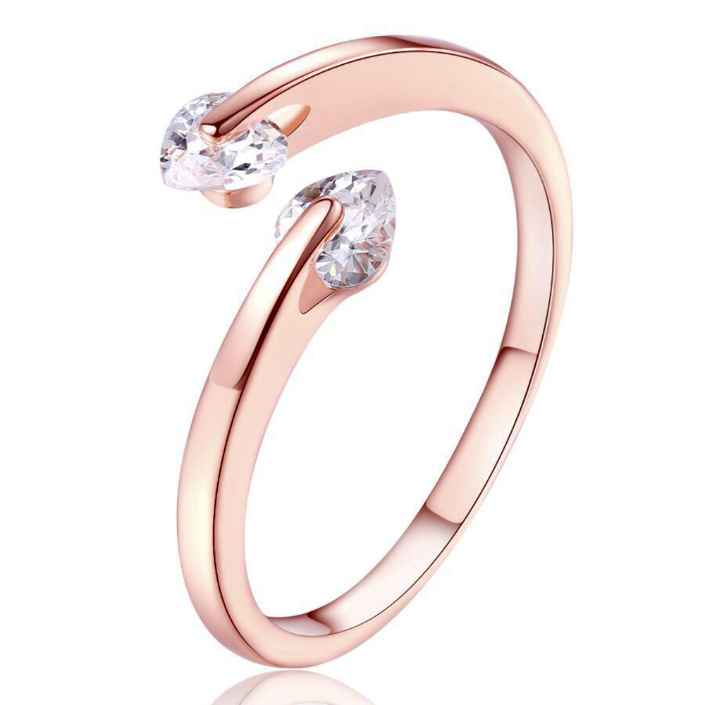 Double Love CZ Heart End Rose Gold Ring - Adjustable