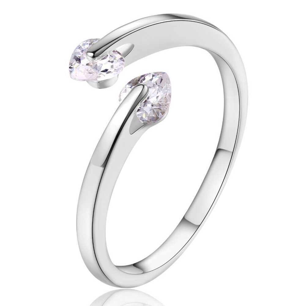 Double Love CZ Heart End Silver Ring - Adjustable