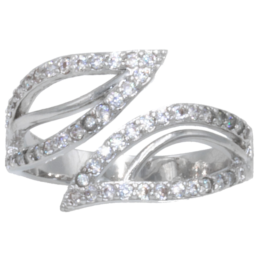 Leaf Inlaid Cubic Zirconia Platinum Tone Ring - Adjustable